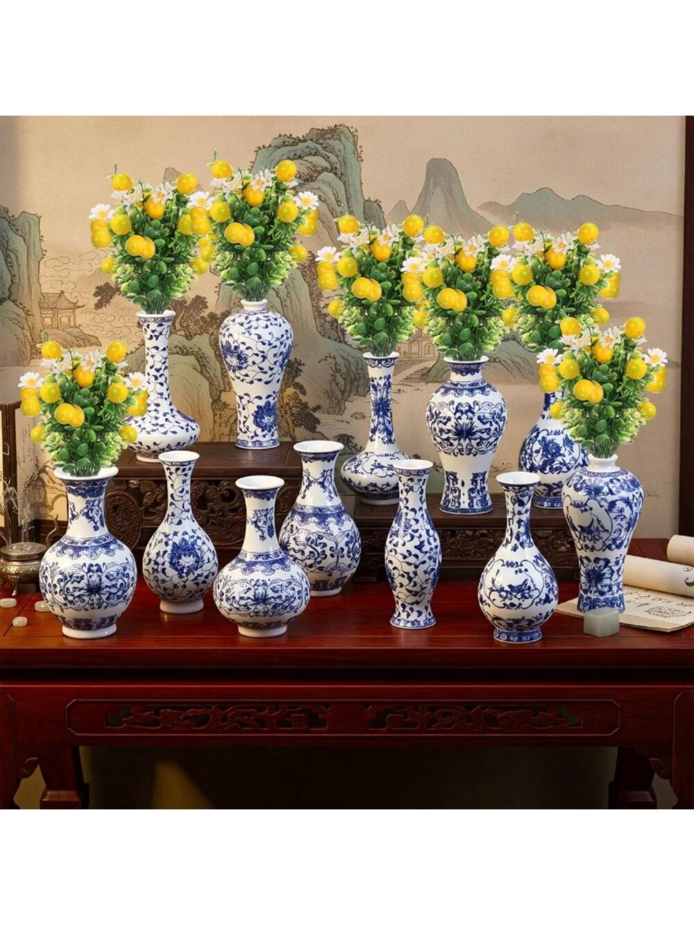 12-Piece Blue Tile Table Centerpiece Decor with Porcelain Vases & Lemon Branches